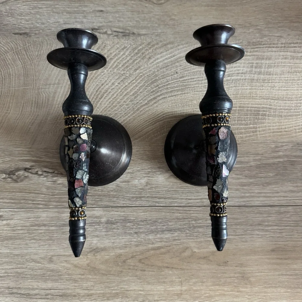 Religious Wall Mount Candle Holder Mosaic Accent Vintage Sconces Set Of 2